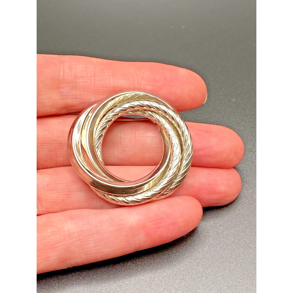 Vintage Silver Tone Love Knot Round Swirl Layered Brooch Retro Statement 1.5"
